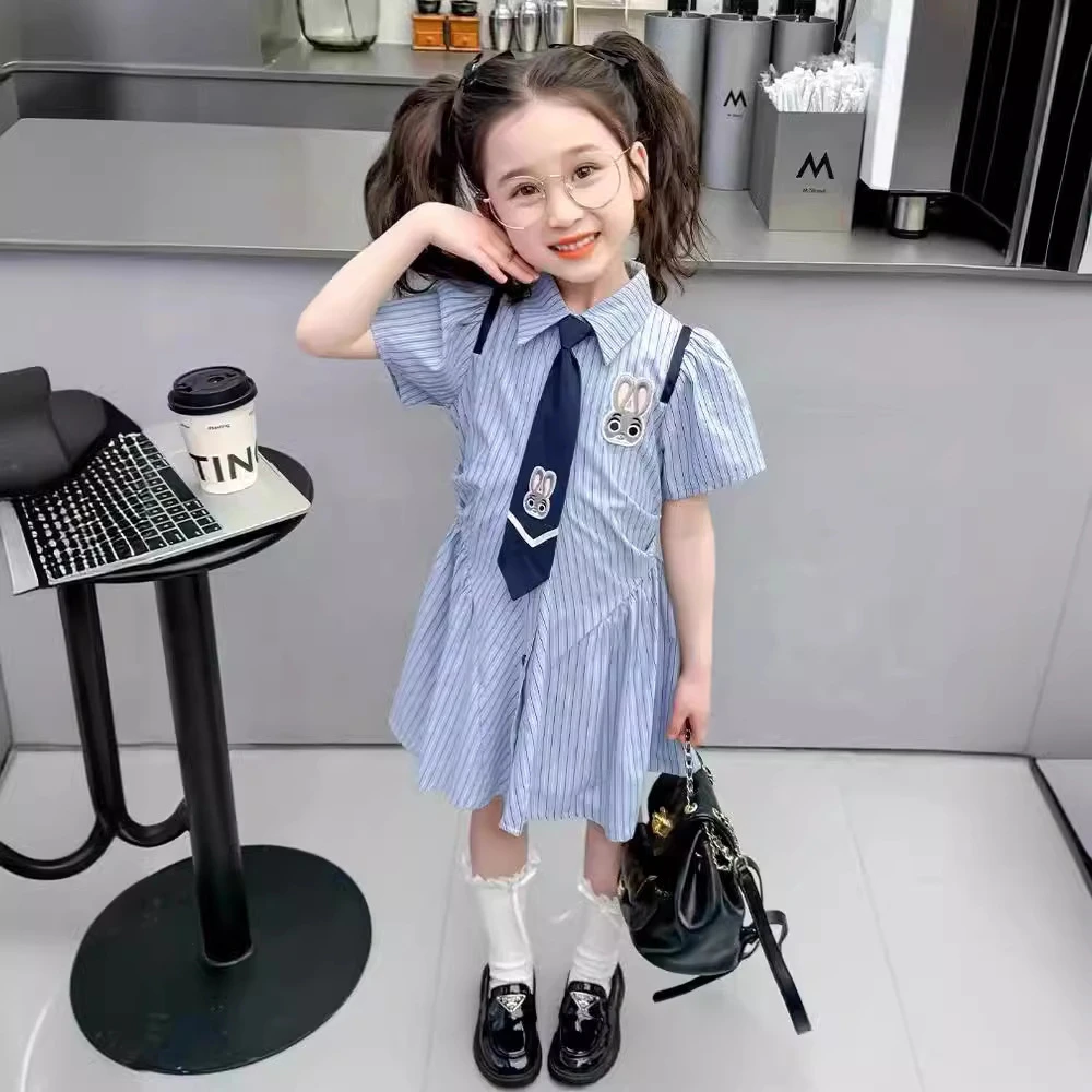 女童夏季新款洋气兔子警官女宝薄款可爱网红红连衣裙蓝色时尚卡通