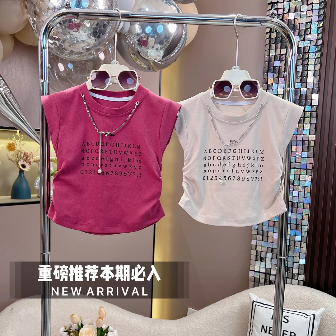 女童2024夏季新款4204百搭小飞袖字母无袖圆领纯色上衣