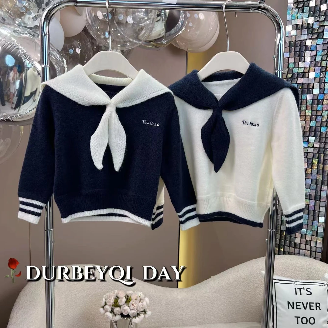 DURBEYQI/朵贝奇女童2024秋款韩版海军领袖口螺纹毛衣4668