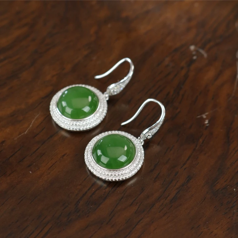 凰一品  碧玉银镶圆耳钉S925