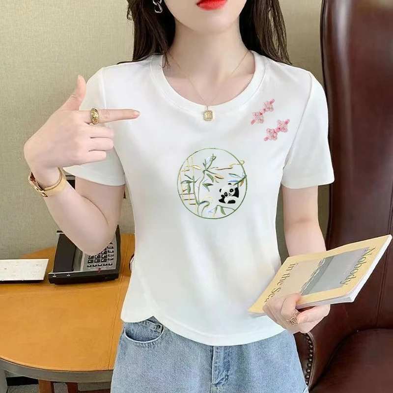 100%纯棉短袖T恤女夏季新款别致不规则设计新中式国风印花上衣ins