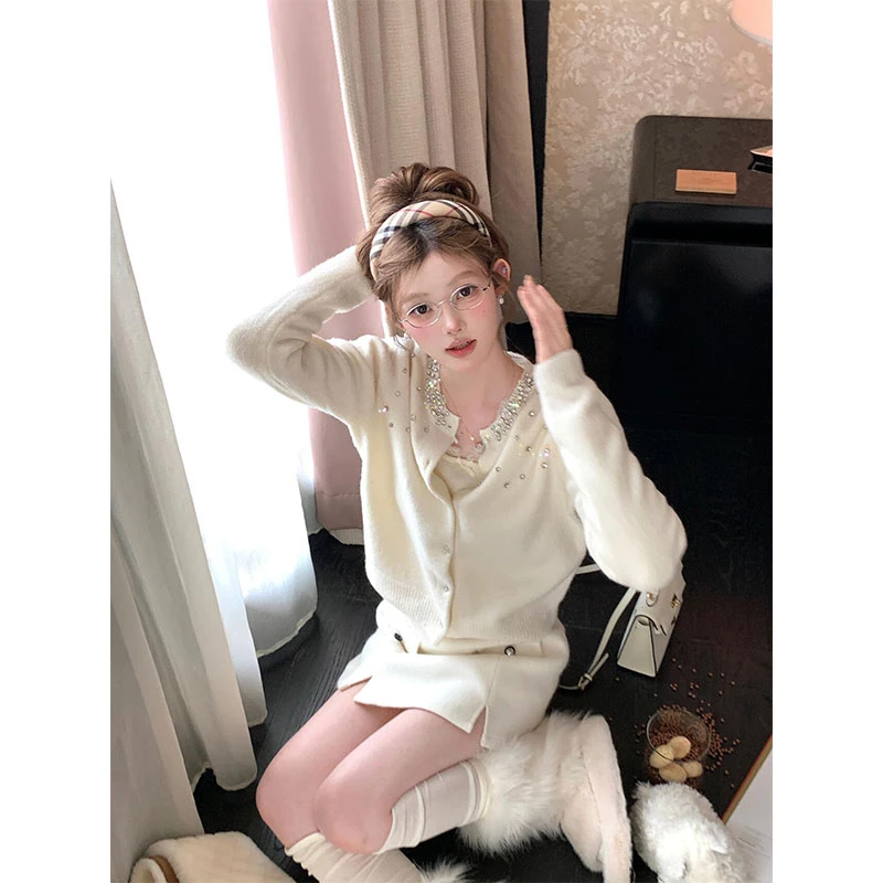 法式小香风重工镶钻外套秋冬季高级感针织开衫百搭短款半身裙套装