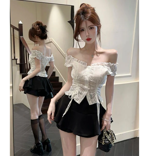 甜辣设计感木耳边蕾丝别致上衣一字肩两穿收腰衬衫高腰半身裙裤女