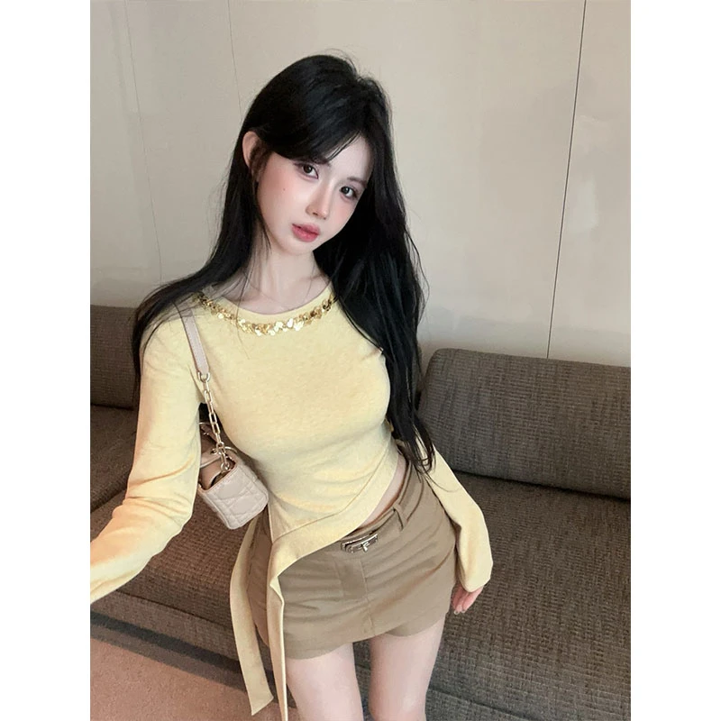 辣妹别致开叉飘带针织打底衫上衣装饰亮片圆领长袖百搭裙裤两件套