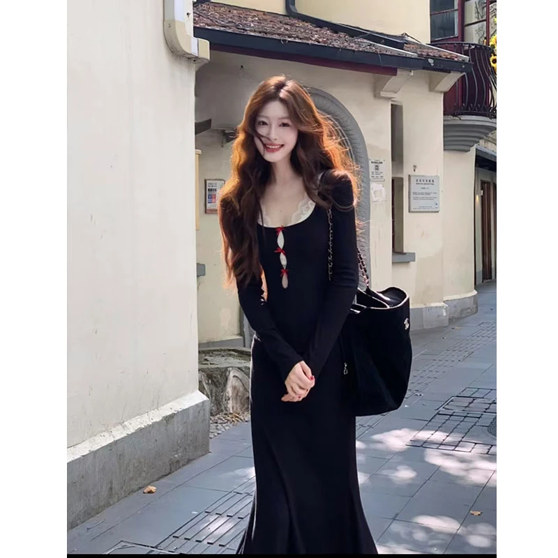 纯欲风高级感长袖连衣裙女2024秋冬季新款设计感小众包臀鱼尾裙子