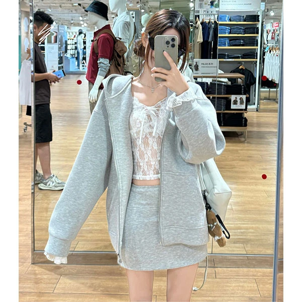 韩版宽松慵懒休闲连帽卫衣开衫外套性感蕾丝v领打底衫包臀半身裙