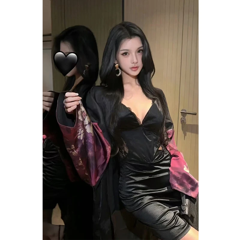 秋季新品高级感气质设计扎染拼色衬衫上衣内搭吊带连衣裙两件套