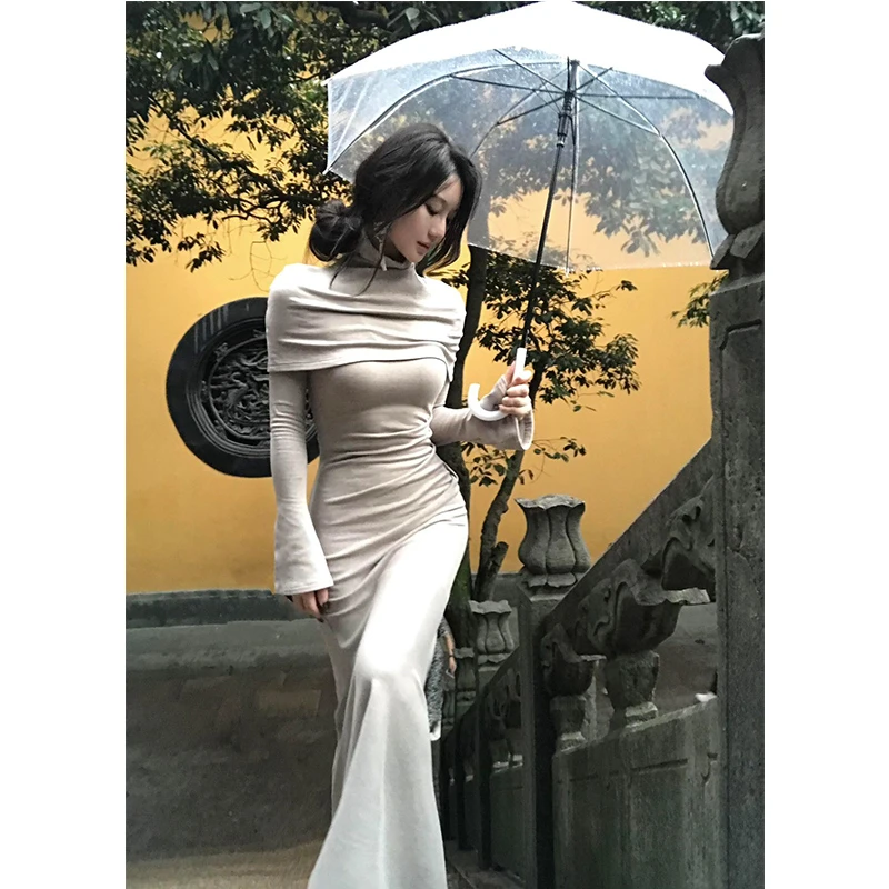 一字肩连衣裙女鱼尾性感欧美垂感针织高级感高弹宴会名媛包臀裙