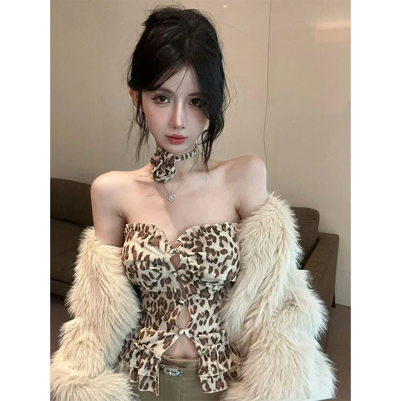 性感辣妹褶皱豹纹印花拼接抹胸木耳荷叶边上衣女百搭短款裙裤套装