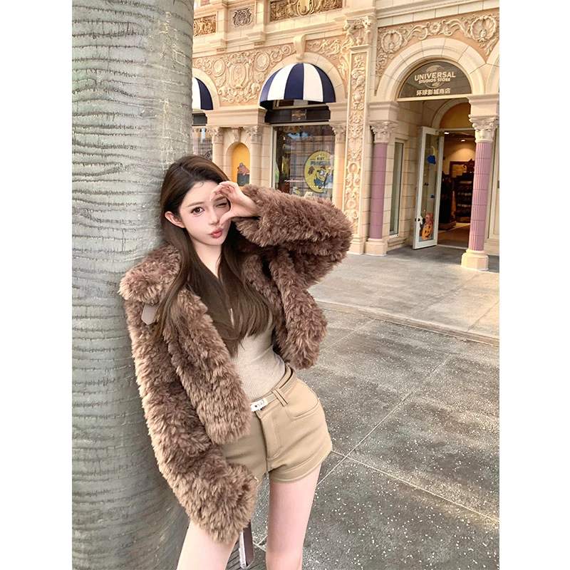 【纯欲捕手】秋冬季保暖短款毛毛外套纯欲针织吊带背心女短裤子套装