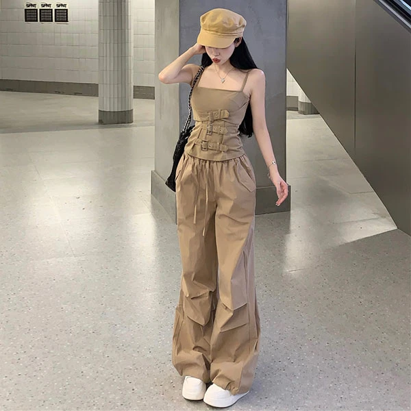 2024夏季炸街美式辣妹工装吊带背心高腰阔腿宽松休闲裤工装裤女潮