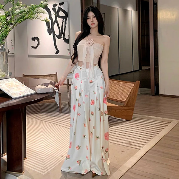 法式性感辣妹立体花朵外穿抹胸上衣搭显瘦垂感高腰印花宽松阔腿裤