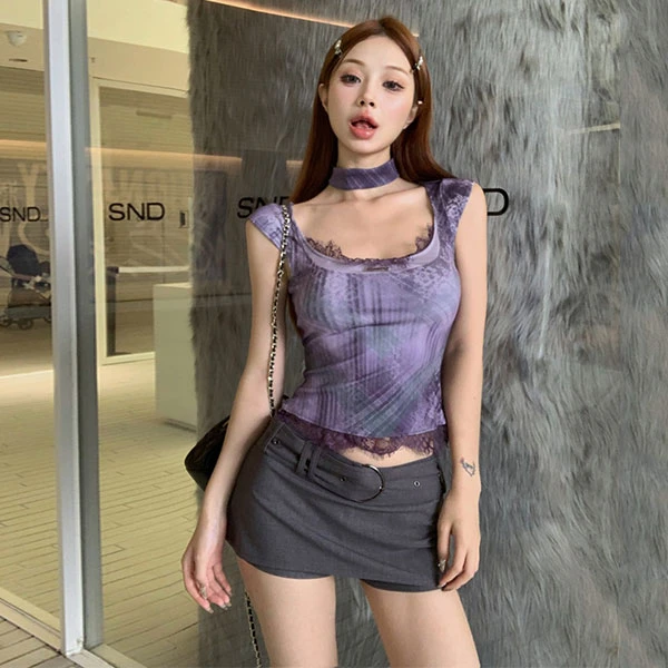 2024夏美式复古辣妹吊带背心显瘦蕾丝拼接上衣甜酷低腰半身短裙裤