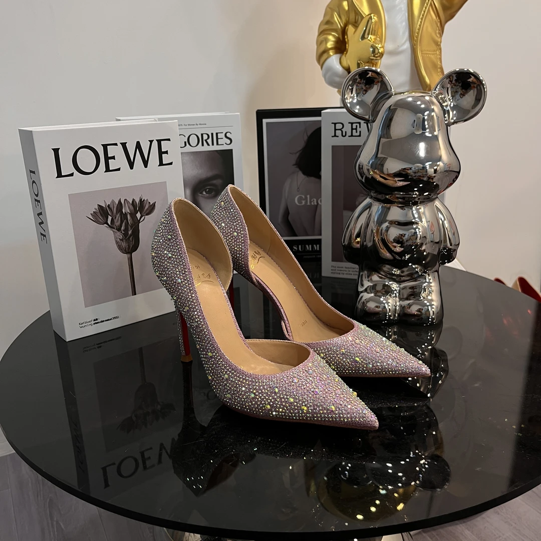 水晶红底高跟满天星祼黑色全包尖头浅口侧空细跟水钻年会气质百搭