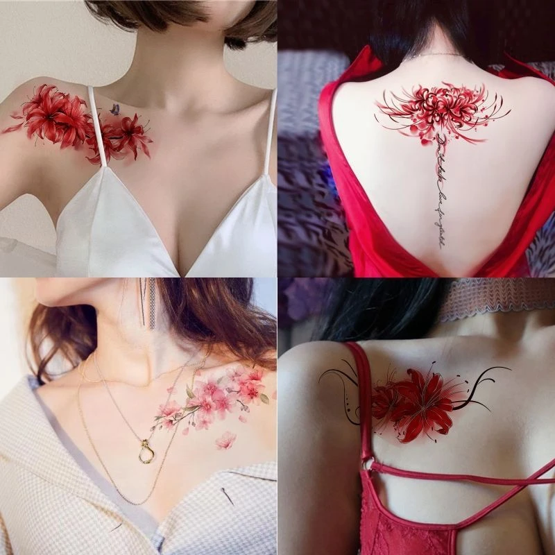 彼岸花纹身贴防水女夏持久网红仿真高级性感锁骨纹身贴纸地狱少女
