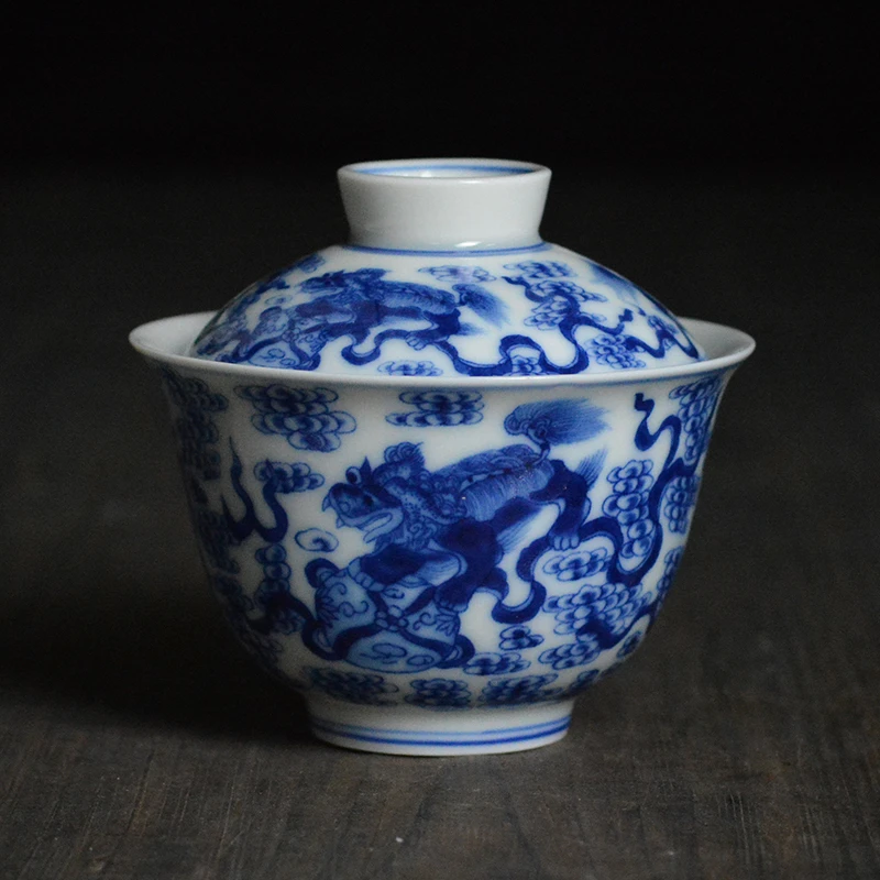 仿古青花釉下彩陶瓷双狮戏球元宝二才盖碗容量140毫升茶具