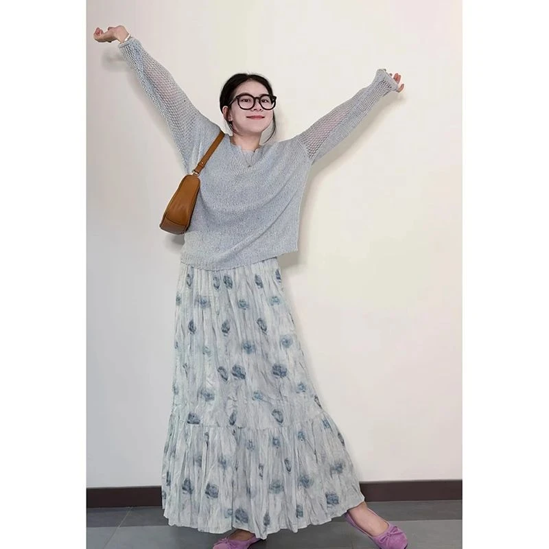 韩系两件套新款温柔减龄针织衫搭配圆领套头上衣碎花半身裙女套装
