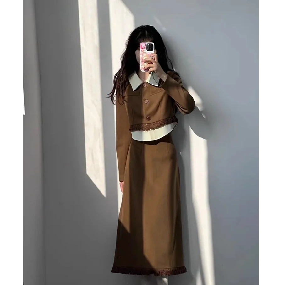 秋冬新款撞色假两件小香风套装女流苏半身长裙子名媛气质两件套女