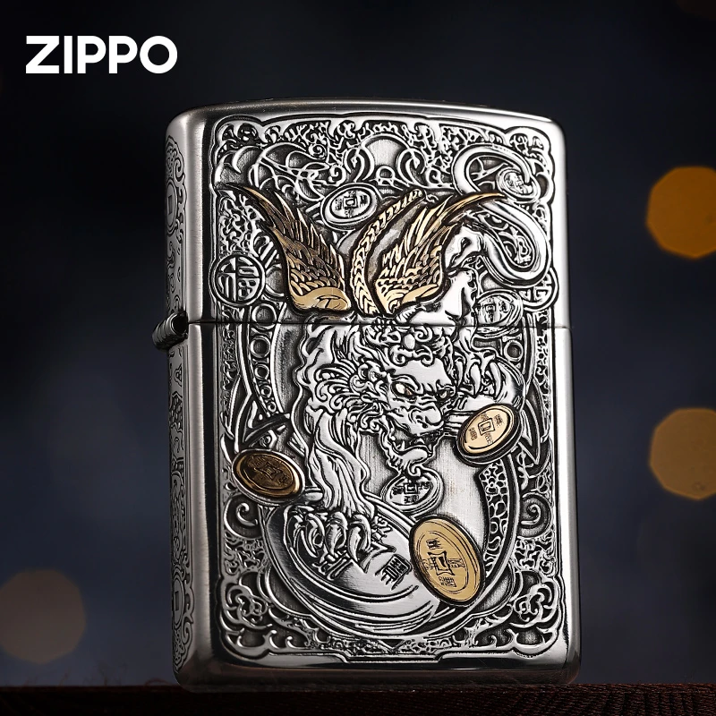ZIPPO打火机纯银镶嵌貔貅男士气质高端防风原装双色DYJ1H1X1
