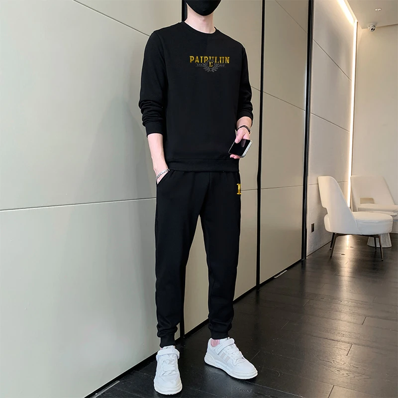 卫衣套装男潮流休闲运动秋季长袖男士套头圆领加绒两件套男装7060