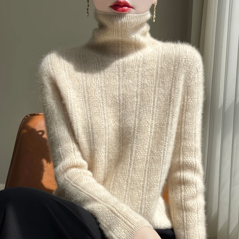 时尚小名媛~一线成衣100纯羊毛衫女堆堆领烫钻提花针织打底衫内搭