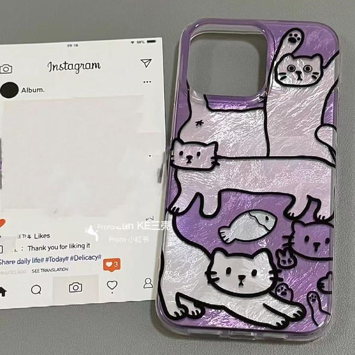 紫色线条猫IMD羽纱手机壳适用苹果OPPO华为VIVO小米