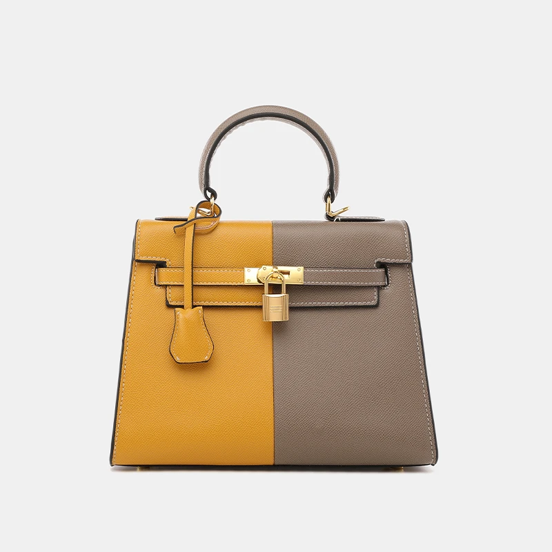 双拼色手提凯莉包女2024新款小众设计轻奢高级感撞色单肩斜挎潮包