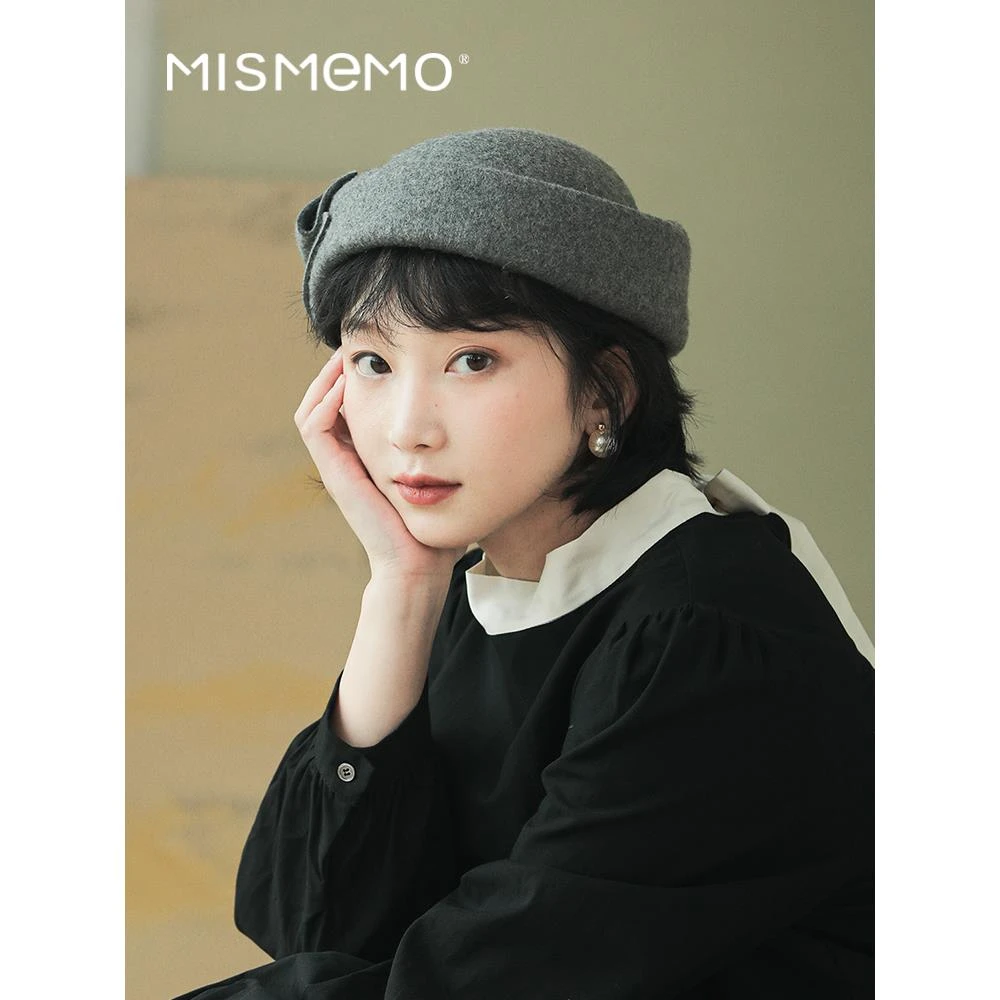 MISMEMO毛呢贝雷帽女秋冬优雅蝴蝶结礼帽小众复古赫本风法式帽子