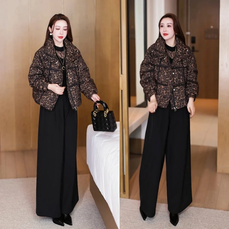 2024冬季新款豹纹棉衣面包服百搭时尚保暖抗寒立领显瘦短款棉服