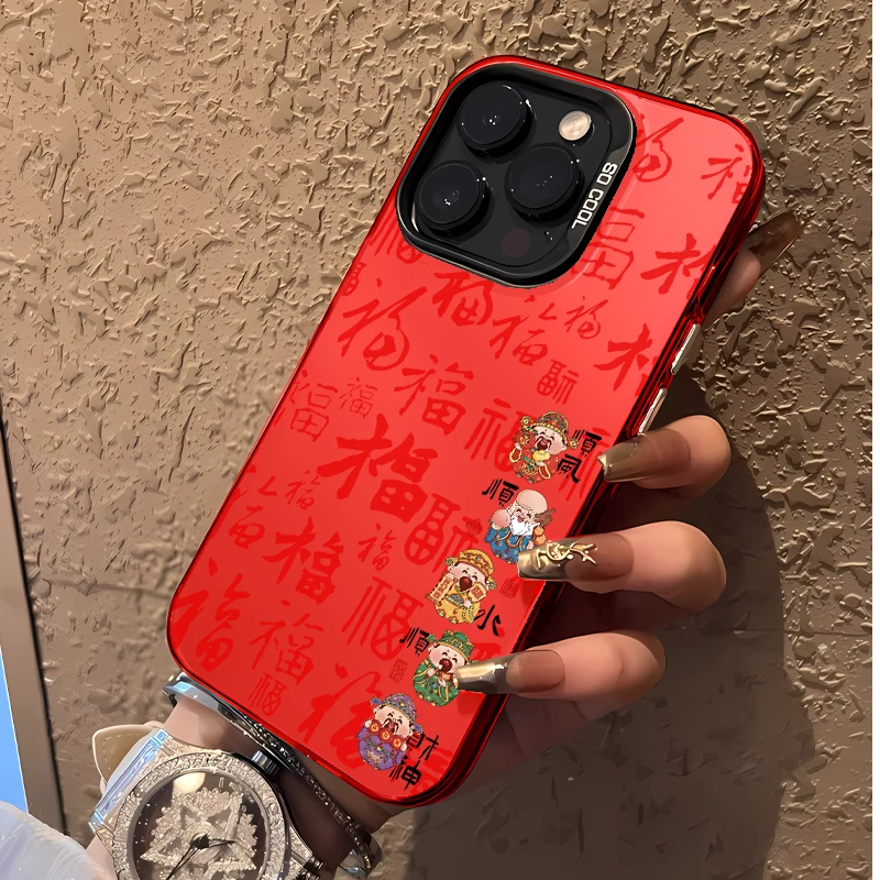 百福顺财神适用苹果15防摔中国红彩银手机壳mate60pro新年小米k70