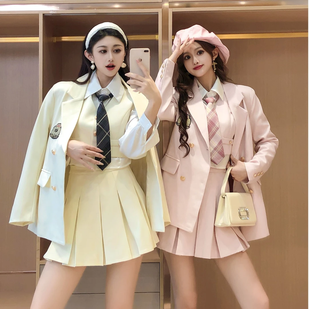 艾日秀定制●新款减龄学院风衬衫领带马甲外套百褶裙五件套 E4512