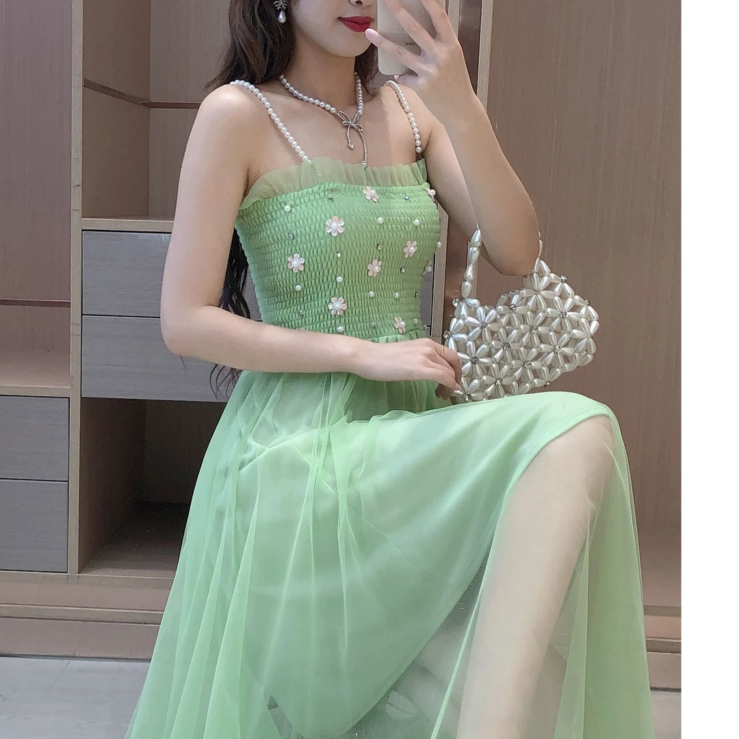 艾日秀定制●夏季新款甜美闺蜜装花朵水钻亮片吊带连衣裙 E6566