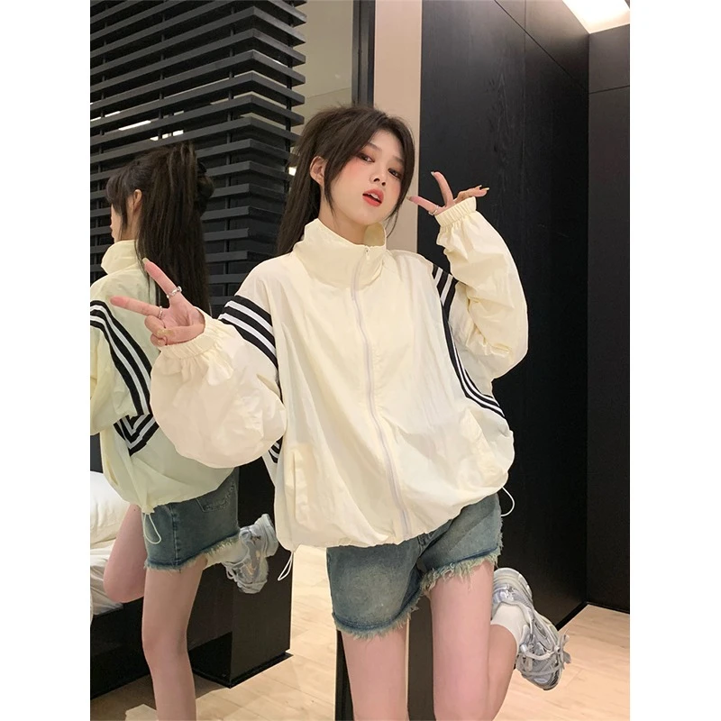轻薄防晒外套女夏季2024新款撞色立领抽绳宽松学生长袖透气外套潮