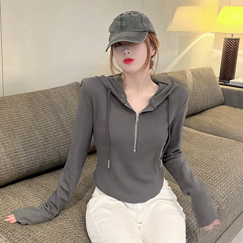 白色开衫卫衣外套女拉链春秋款修身长袖t恤短款连帽运动薄款上衣