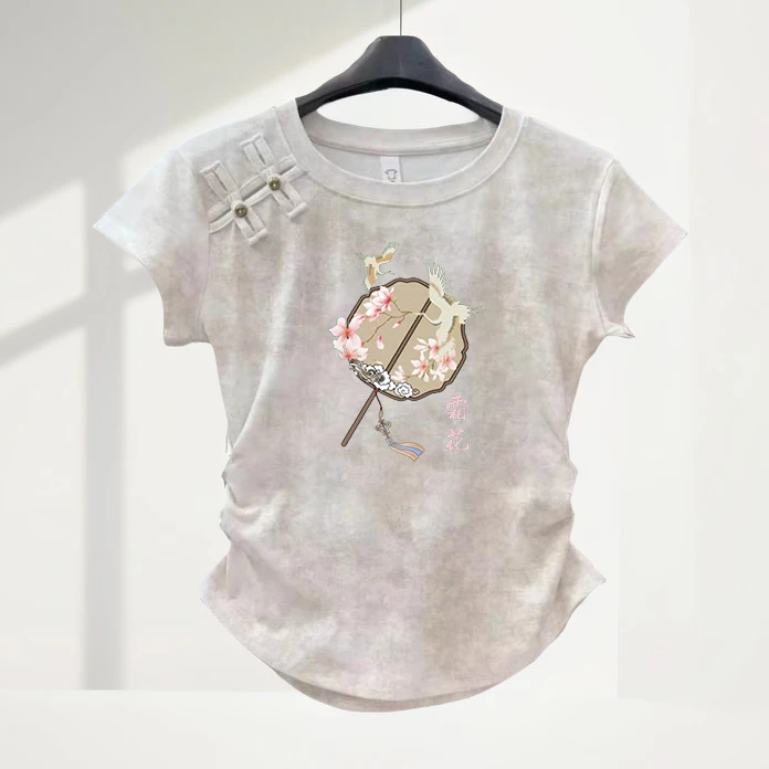 夏季T恤女2024新款新中式扎染盘扣国风修身褶皱收腰短款正肩小衫