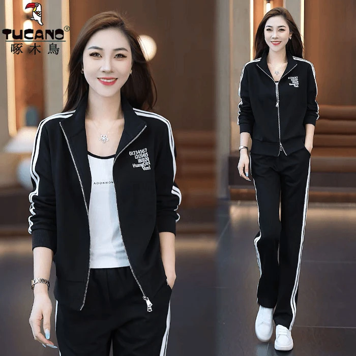啄木鸟纯棉休闲运动套装女秋冬季新款韩版宽松拉链卫衣时尚两件套