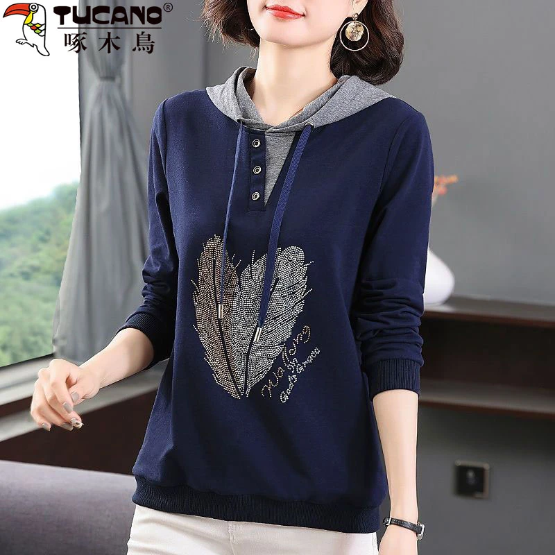 啄木鸟纯棉连帽长袖T恤女士春秋新款大码宽松胖MM200斤显瘦上衣服