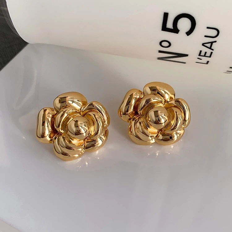 铜合金耳饰 法式复古山茶花金属耳环