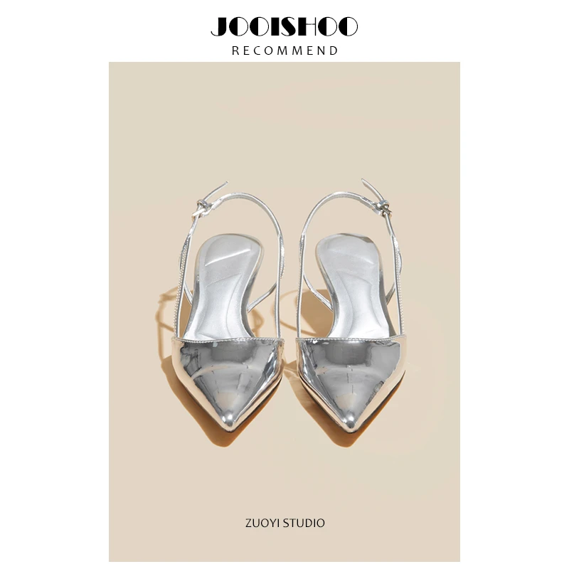 法式小猫跟后空单鞋女黑色尖头高跟鞋包头凉鞋外穿夏季