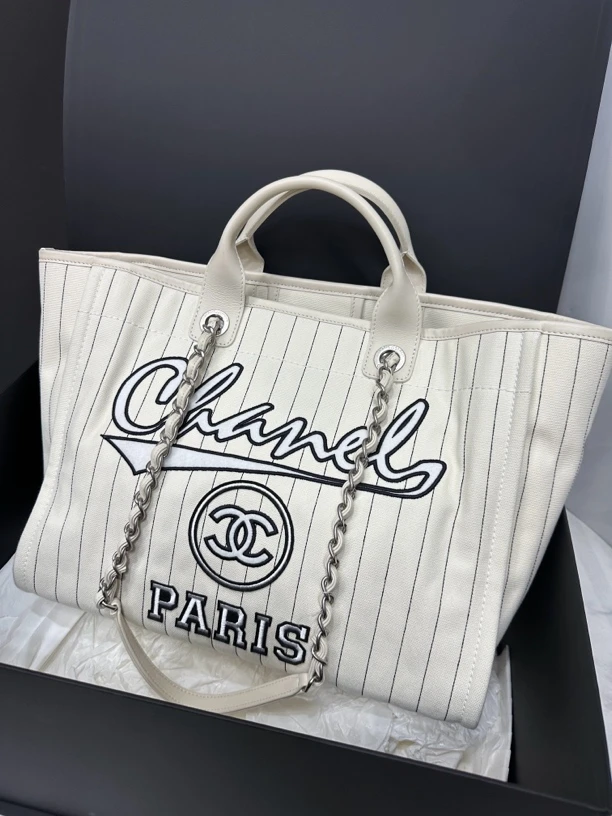 99新 Chanel/香奈儿 23P竖条纹沙滩包芯片37cm/JJ04082014