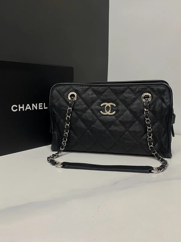 95新 Chanel/香奈儿 黑银鱼子酱托特15开29Cm/0034081910