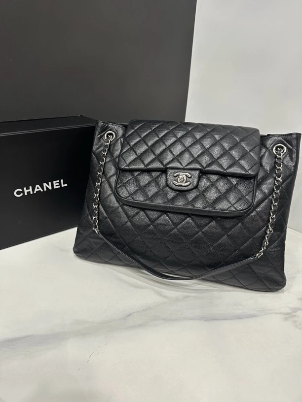 95新 Chanel/香奈儿 黑银双口袋托特包18开36cm/JJ04080815