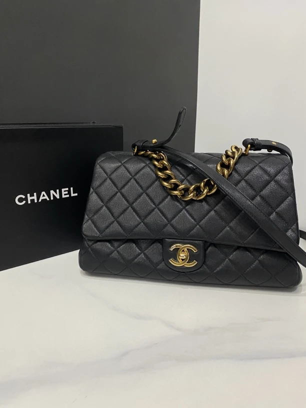 95新 Chanel/香奈儿 黑金孟买邮差链条包23开31cm/HK41361015