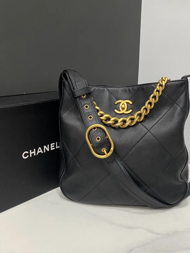 95新 Chanel/香奈儿 黑金21K嬉皮hobo包芯片28cm/JJ4072302