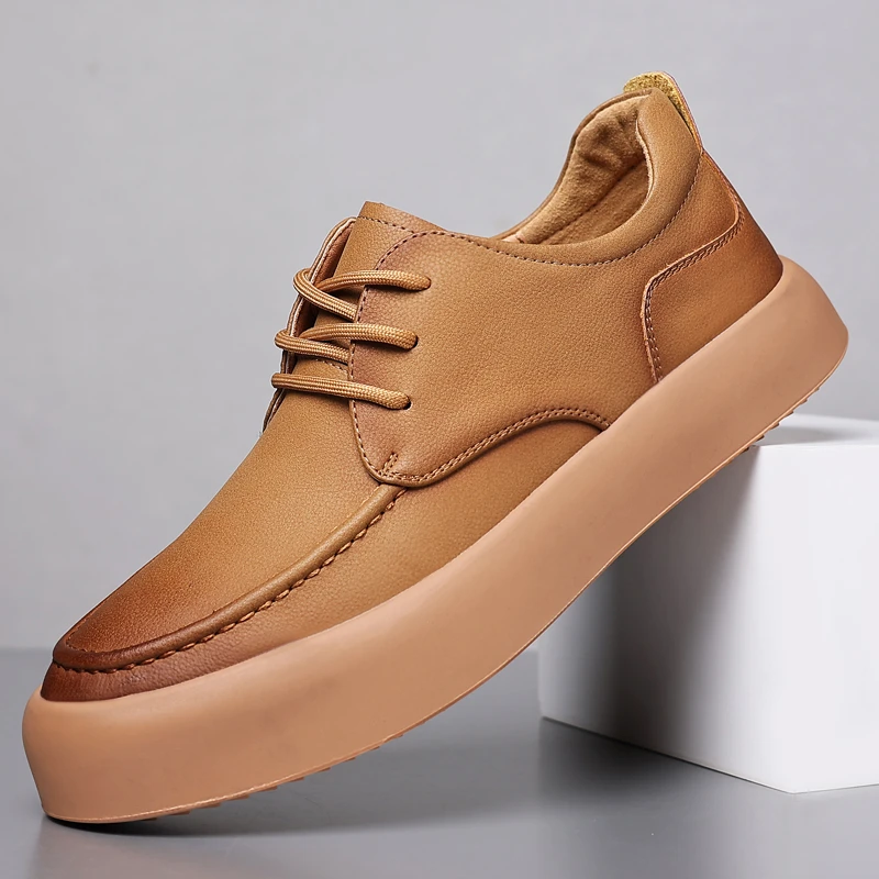 牛皮秋季新款男士时尚休闲百搭软底低帮男鞋系带皮鞋