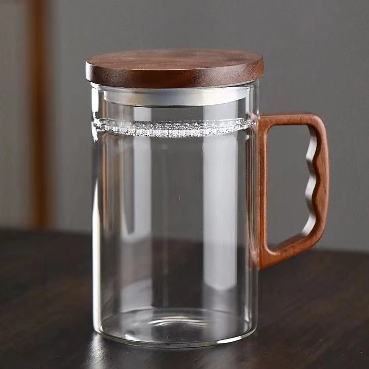耐高温玻璃水杯加厚月牙过滤一体绿茶杯木把杯子大容量家用泡茶杯