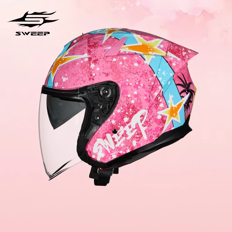 SWEEP摩托车头盔S6碳纤维半盔女个性双镜片四分之三盔男四季通用
