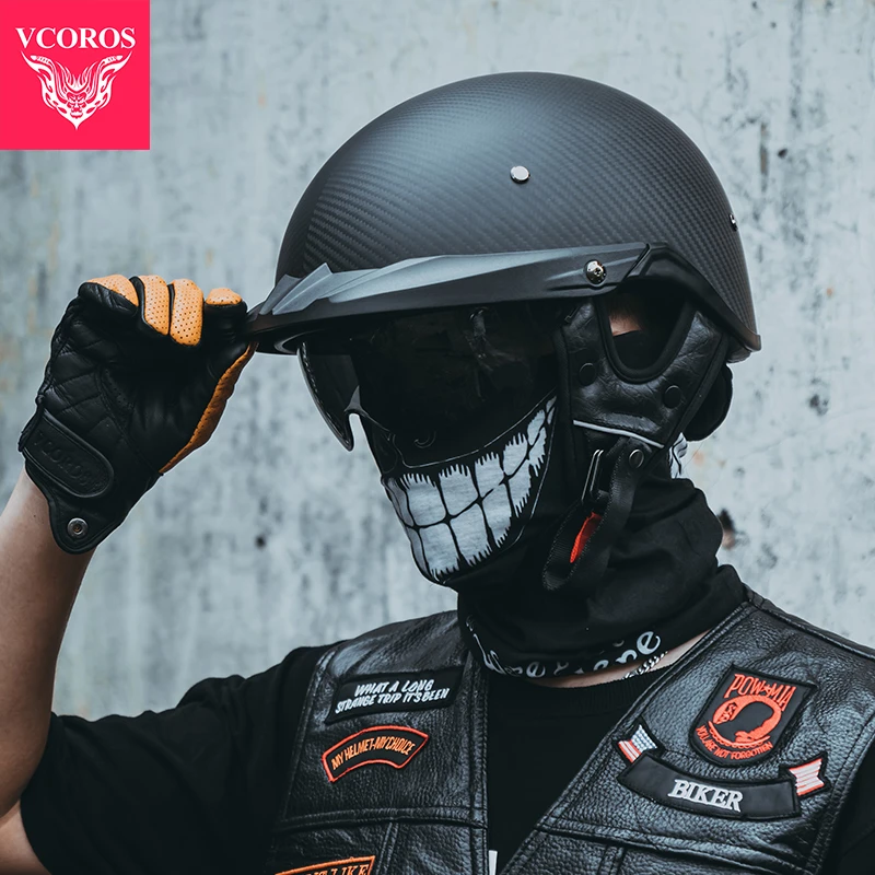 Vcoros碳纤维摩托车头盔男女复古机车头盔可调节夏季踏板半盔瓢盔