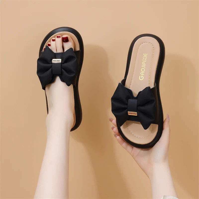 平底外穿拖鞋女夏厚底2024年新款蝴蝶结轻便百搭时尚仙女风一字拖