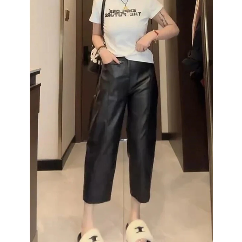 大码九分休闲皮裤女2025秋季新款梨形身材穿搭高腰显瘦直筒烟管裤